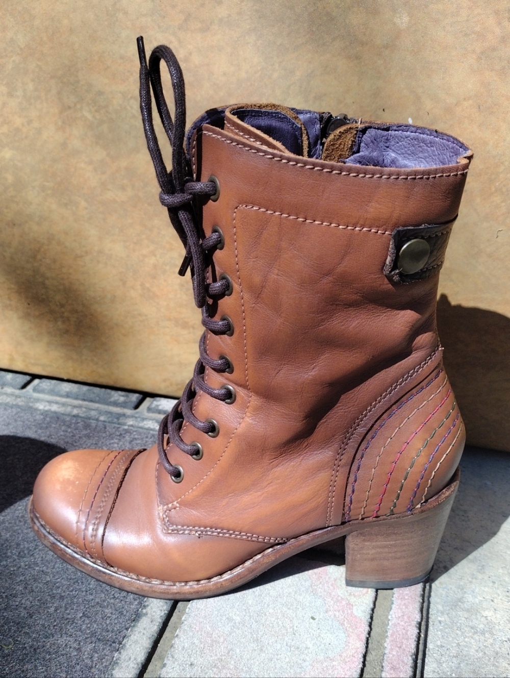 TAOS CRAVE Size 38 (USW 7 - 7.5) Boots Lace Zip Rainbow Stitching. Brown